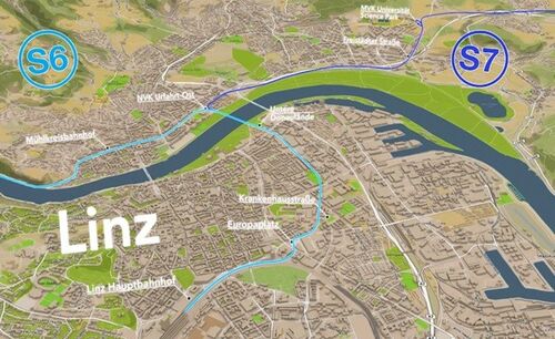 Karte vom nördlichen Linz, Grafik, Verlauf der beiden Stadtbahntrassen S6 Mühlkreisbahn und S7 Stadtbahn Gallneukirchen/Pregarten