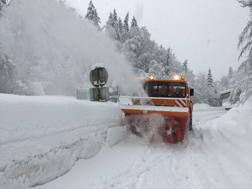 Fräsmaschine einer Straßenmeisterei im Einsatz, verschneite Straße und schneebedeckter Wald