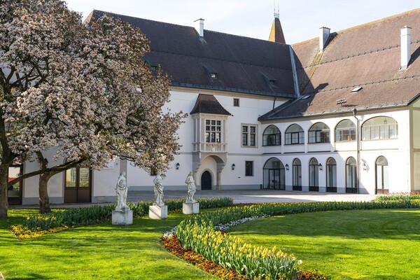 Blick auf den frühlingshaften Burggarten in Wels. 