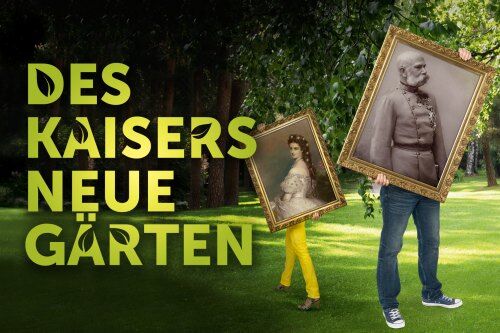 Sujet zur Landesgartenschau, Mann und Frau mit Bilderrahmen, in denen Kaiserin Sisi und Kaiser Franz Josef zu sehen sind