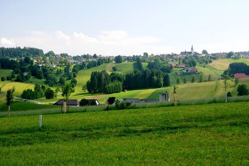 Landschaft mit Wiesen, Feldern, Wald, Bauernhof, auf einem Hügelkamm ein Dorf mit Kirche