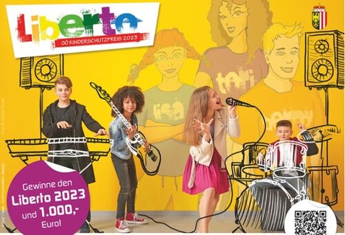 Sujet zum Kinderschutzpreis, vier Kinder auf einer Bühne mit illustrierten Instrumenten, Keyboard, E-Bass und Schlagzeug, bzw. Mikrofon