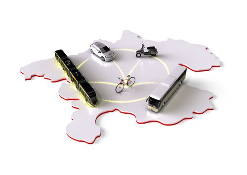 Stilisierte Karte von Oberösterreich, Modelle von Bus, Bahn, Auto, Fahrrad und Motorroller