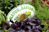 Plakette mit Beschriftung Natur im Garten in einem Gemüsebeet