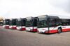 Fünf moderne Linienbusse stehen nebeneinander auf einem Parkplatz, alle sind mit der Beschriftung Postbus, OÖVV und Logos versehen