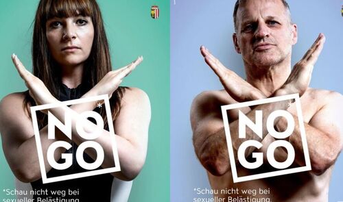 Sujet zur Kampagne, eine Frau und ein Mann in Badebekleidung, jeweils mit vor der Brust gekreuzten Armen und entschlossenem Gesichtsausdruck, Beschriftung NO GO