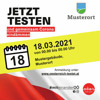 Sujet-Plakat-Muster für Vorsorgemaßnahmen, Beschriftung: Jetzt testen und gemeinsam Corona eindämmen, Datum, Uhrzeit, Mustergebäude, Musterort, Anmeldung unter, Link 