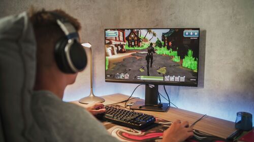 Jugendlicher sitzt vor einem PC und spielt ein Online-Spiel.