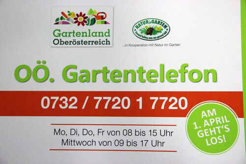 Tafel mit Aufschrift: OÖ. Gartenlandtelefon, 0732 / 7720 1 7720 , Mo, Di, Do, Fr von 08 bis 15 Uhr,  Mittwoch von 09 bis 17 Uhr, am 1. April geht‘s los!