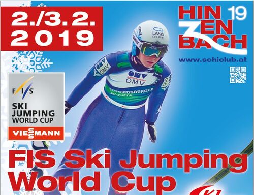 Plakat zur Veranstaltung, Skispringerin im Flug, Aufschrift 2./3.2.2019 Hinzenbach Fis Ski Jumping World Cup Ladies
