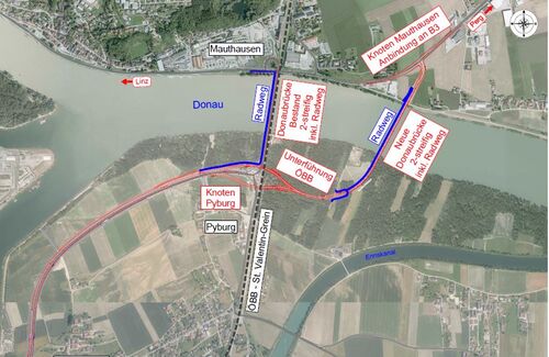 Betroffenes Gebiet aus der Vogelperspektive, Donau und Einmündung des Ennsflusses, grafische Darstellung der Verkehrsführung
