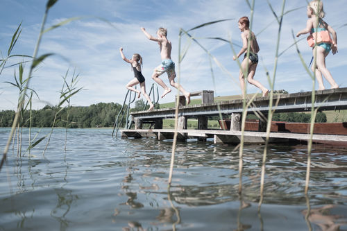 Kinder springen von einem Steg in einen See