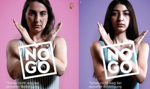 zwei Sujets aus der Kampagne NO GO! nebeneinander, zwei junge Frauen in Badebekleidung kreuzen die Arme vor der Brust, auf dem Plakat steht „NO GO!“