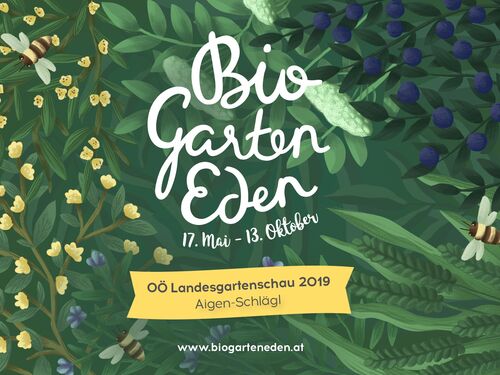 Sujet Landesgartenschau, Grafik mit Blumen, Getreide und Bienen, Aufschrift Bio Garten Eden, 17. Mai bis 13. Oktober, www.biogarteneden.at