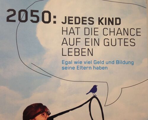 Sprechblase mit den Worten “2050: Jedes Kind hat die Chance auf ein gutes Leben – Egal wie viel Geld und Bildung seine Eltern haben“