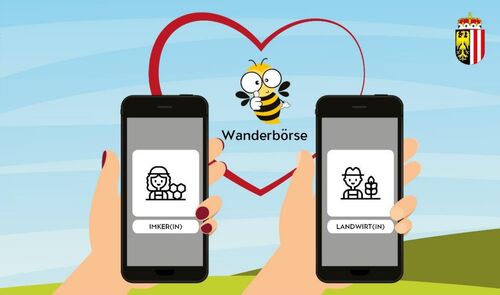 Illustration zweier Handys mit Abbildung einer Imkerin und eines Landwirts, dahinter ein Herz, in dem eine stilisierte Biene ok deutet