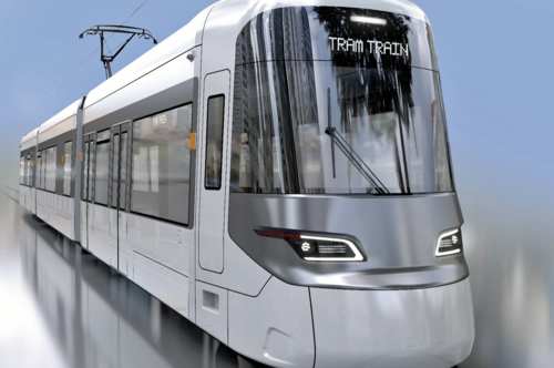 Eine Grafik der neuen Tram Train von vorne.