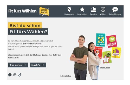 Homepage „Fit fürs Wählen“ / Anna und Lukas bzw. verschiedene Texte incl. dem Button: Start einer Challenge „Bist du schon fit fürs Wählen?“