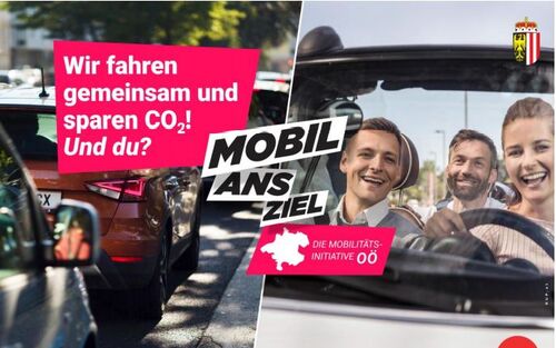 Sujet zur App, Autos im Stau und daneben ein Foto von drei lachenden Menschen in einem Auto, Aufschrift Mobil ans Ziel Wir fahren gemeinsam und sparen CO2! Und du? 
