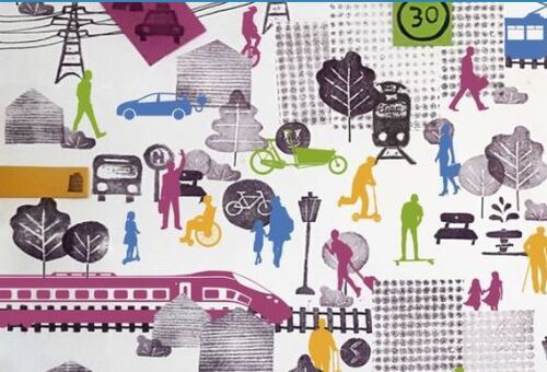 Grafische Darstellung verschiedener Mobilitätsformen, Fußgänger, Rollerfahrerin, Zug, Autobus, E-Auto, Verkehrszeichen, Bäume, Lastenfahrrad