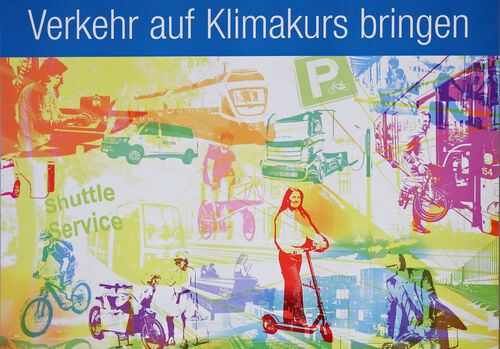 Ausschnitt aus dem VCÖ-Plakat, Menschen benutzen verschiedene Fahrzeuge wie Fahrrad oder Roller oder öffentliche Verkehrsmittel wie Straßenbahn und Bus.