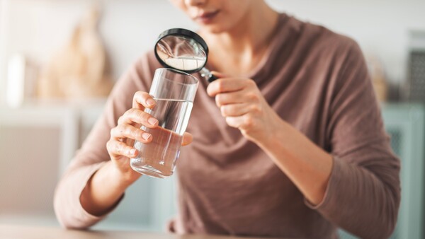 Person sieht sich ein Glas Wasser durch eine Lupe an.