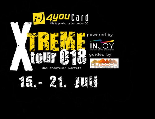 Logo für die 4youCard XTREMEtour018, Aufschrift „4youCard – Die Jugendkarte des Landes Oberösterreich, XTREMEtour018 und Logos diverser Sponsoren“