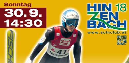 Plakat zur Veranstaltung, Skispringer und Aufschrift Hinzenbach 18, Sonntag, 30.9. 14:30, FIS Skisprung