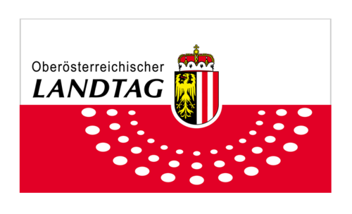 rote Linie mit weißen Punkten und eine weiße Linie mit der Aufschrift Oberösterreichischer Landtag, oberösterreichisches Wappen