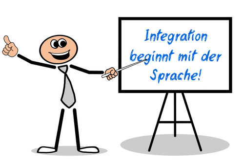 Strichmännchen zeigt mit der Hand auf eine Tafel mit der Aufschrift „Integration beginnt mit der Sprache“