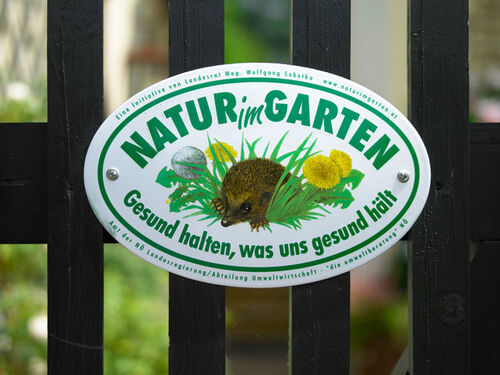 Natur im Garten – Plakette an einem Zaun, Igel und Löwenzahnblumen
