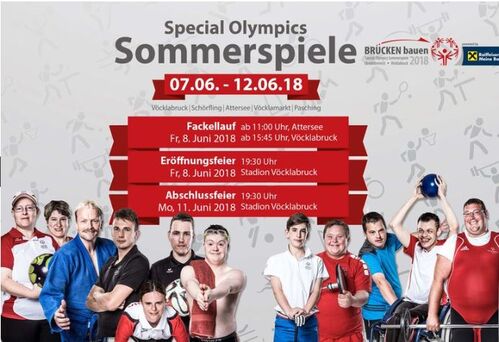 Plakat der Special Olympics Bewerbe mit Sportlerinnen und Sportler, Daten zur Veranstaltung, Logos der Sponsoren