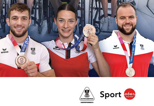 Ausschnitt Titelblatt, Poträts von Shamil Borchashvili, Bettina Plank und Lukas Weißhaidinger, jeweils mit umgehängter Medaille, nebeneinander, Beschriftung Sport Oberösterreich, Olympiazentrum Oberösterreich