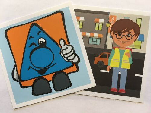Bilder aus dem Safety-Memo-Spiel des OÖ Zivilschutzverbandes, Symbol Zivilschutz und Schulkind mit Warnweste