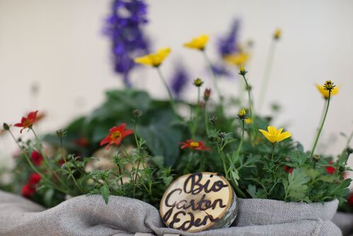 Bunte Blumen mit einem Holzstück im Vordergrund, auf dem die Worte „Bio.Garten.Eden“ stehen.
