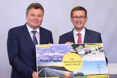 v.l.: Infrastruktur-Landesrat Mag. Günther Steinkellner und Wirtschafts-, Raumordnungs- und Energie-Landesrat Markus Achleitner präsentierten heute ein umfangreiches Infrastrukturpaket für Oberösterreich