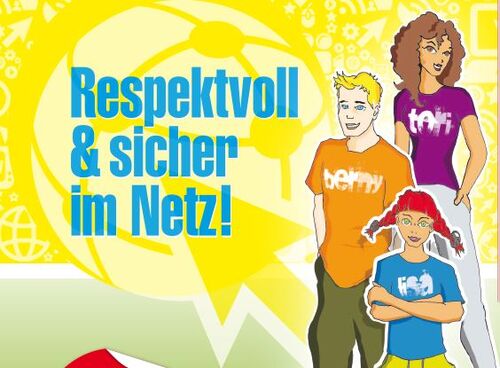 Sujet des Kinderschutzpreises, die Figuren Lisa, Berny und Tori und Aufschrift Respektvoll & sicher im Netz!