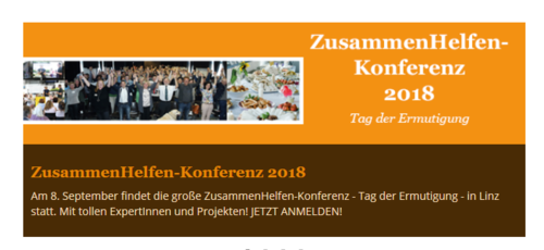 Text: ZusammenHelfen-Konferenz 2018 - Tag der Ermutigung und Bild mit Menschen bei der Konferenz 2017