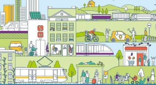 Illustration verschiedener Fortbewegungsarten wie öffentlicher Verkehr, Bahn, PKW, Radfahrer, Fußgänger. Weiters öffentlicher Raum, Straßen, Tankstelle, Häuser, Pflanzen, Landschaft