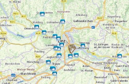 Landkarte für das Webcam–Portal, Zentralraum OÖ, Kamerasymbole