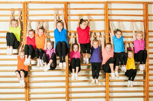 Mehrere Kinder turnen an einer Sprossenwand