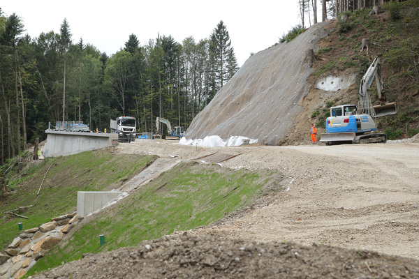 Blick auf Steilböschung mit vernageltem Hochleistungsgitter