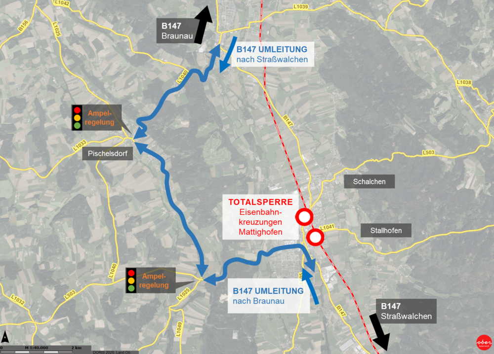 Umleitungsplan für Totalsperren der Eisenbahnkreuzungen in Mattighofen