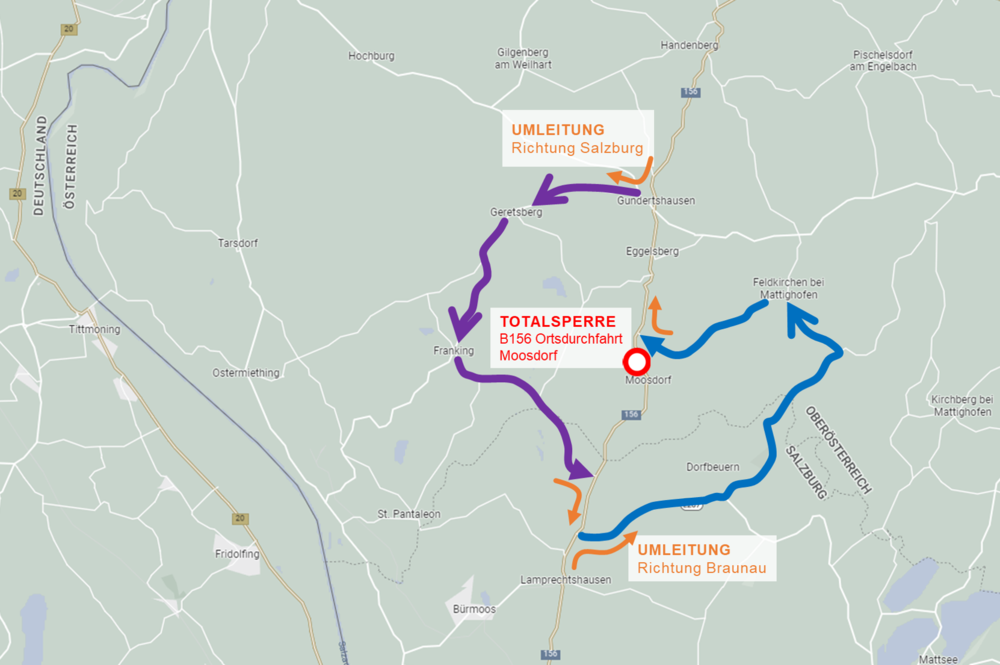 Umleitungsplan für Sperre der B156 Ortsdurchfahrt Moosdorf