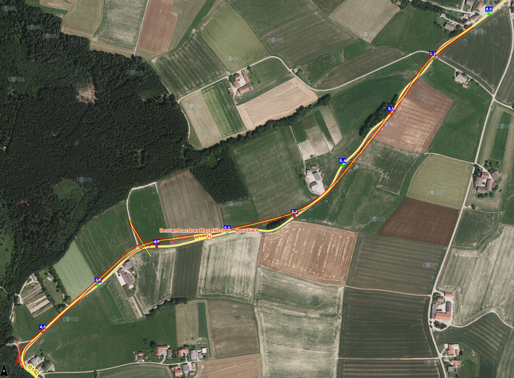 Bild vergrößern: B142 Mauerkirchener Straße, Bestandsausbau Mauerkirchen - Moosbach, Orthofoto B142 Mauerkirchener Straße, Bestandsausbau Mauerkirchen - Moosbach, Orthofoto