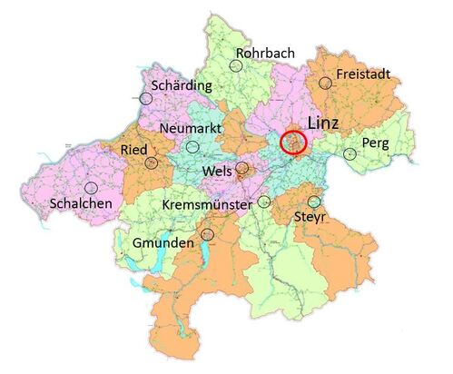 Oberösterreichkarte mit Linz und Außendienststellen
