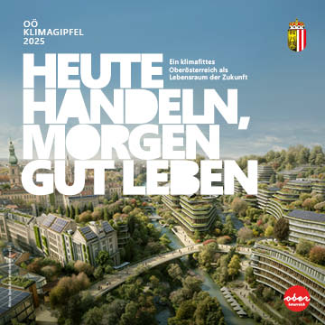 Fiktives Stadtbild mit begrünten Gebäuden und großzügigen Geh- und Radwegen