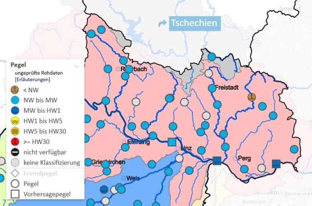 Ausschnitt der Oberösterreich Karte mit neuer Klassifizierung der Pegel