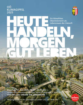Fiktives Stadtbild mit begrünten Gebäuden und großzügigen Geh- und Radwegen