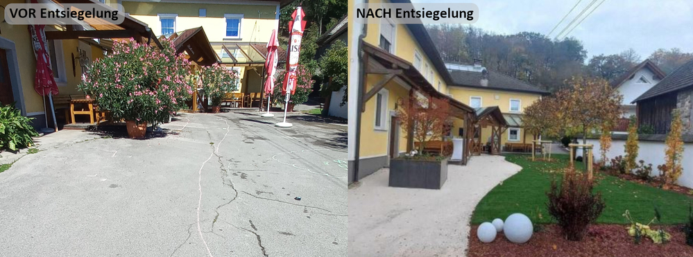 Innenhof Wirt in Puchberg vor und nach Entsiegelung